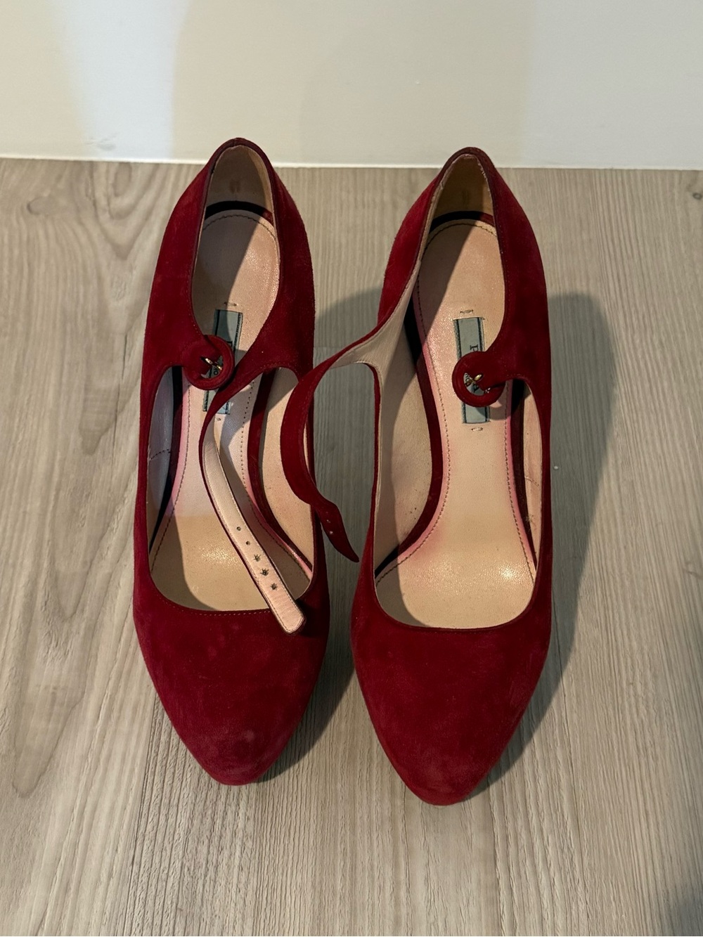 Prada Red Suede Mary Jane Pointed-Toe Pumps